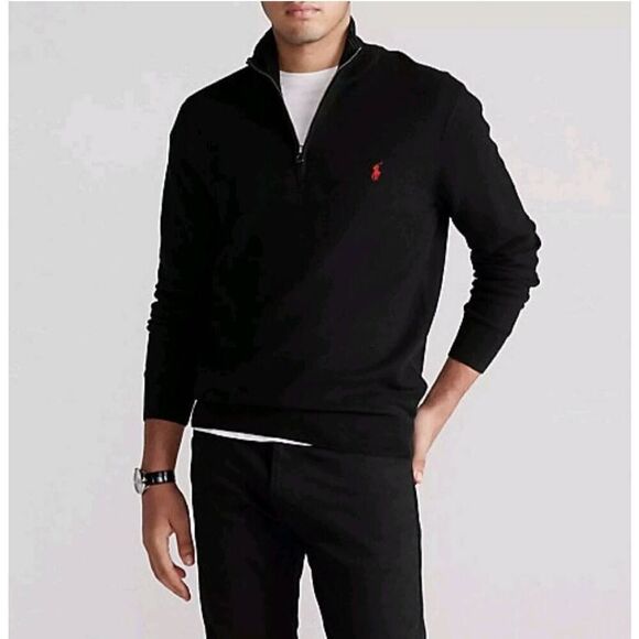 Polo Ralph Lauren Quarter-Zip Jumper Mens Size XL Black Mesh Knit 1/4 Zip Pima C - Picture 1 of 6